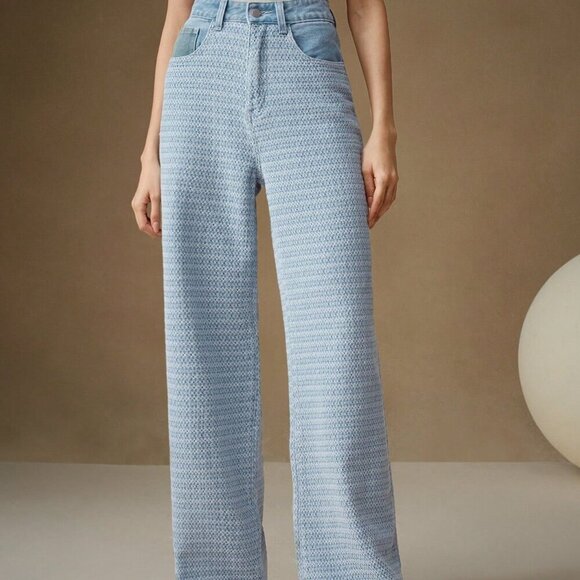 Blue Casual Women's Jacquard Weave Wide Leg Loose Fit Jeans - Picture 2 of 7